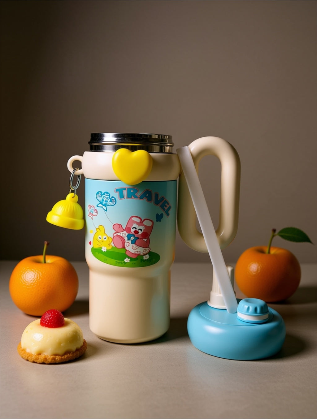 Kawaii Kids Travel Tumbler with Handle – Insulated Stainless Steel Water Bottle with Dual-Drink Lid & Cute Accessory Band