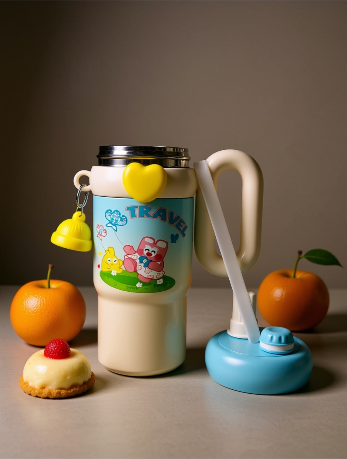 Kawaii Kids Travel Tumbler with Handle – Insulated Stainless Steel Water Bottle with Dual-Drink Lid & Cute Accessory Band