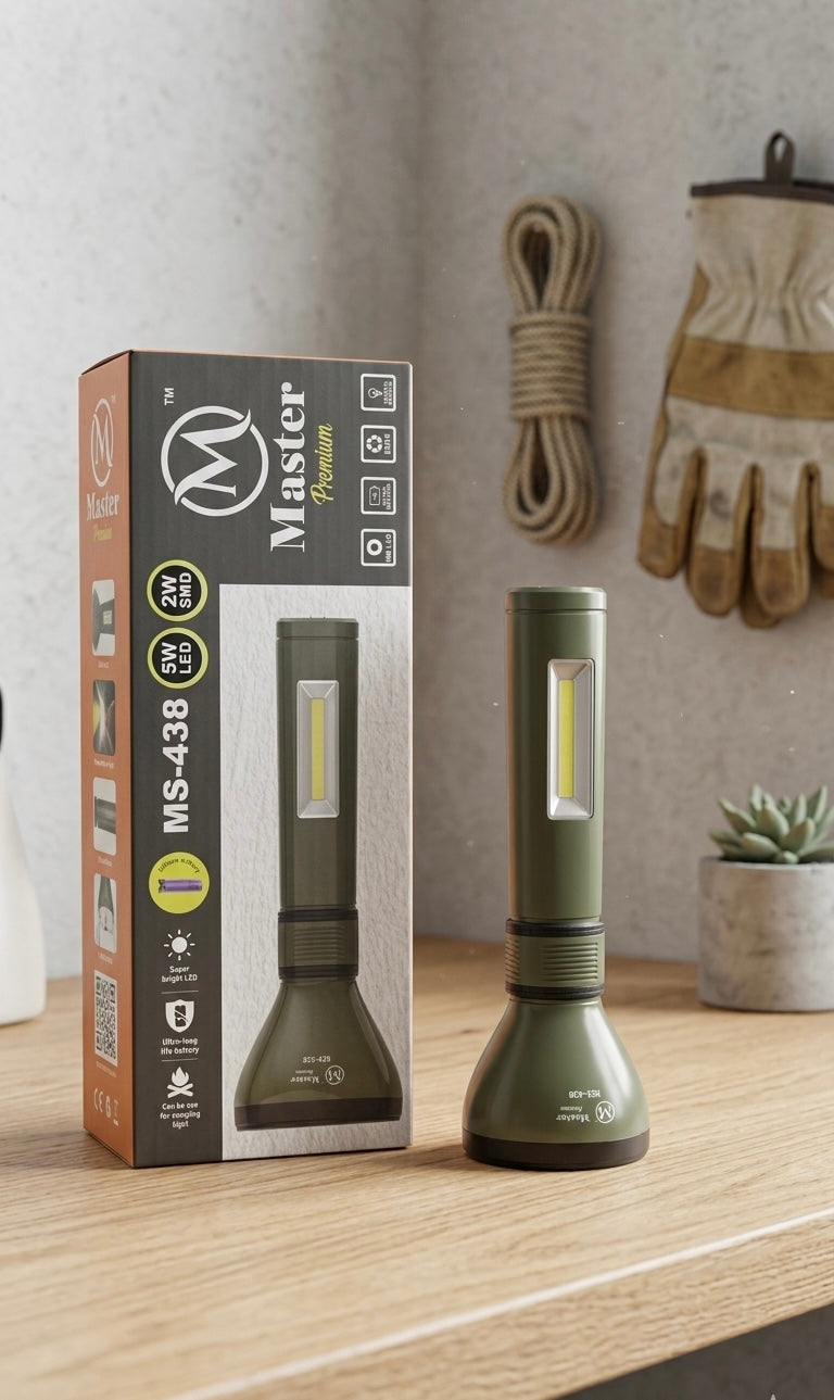 Master Premium Dual-Light Rechargeable Flashlight (MS-438) – High-Power 5W LED Torch with Built-In 2W SMD Side Work Light