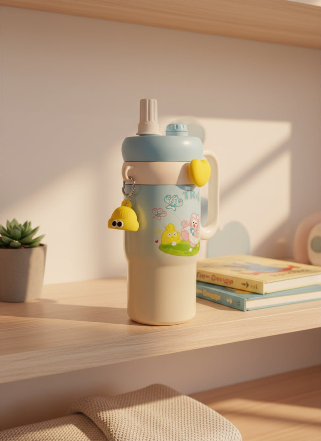 Kawaii Kids Travel Tumbler with Handle – Insulated Stainless Steel Water Bottle with Dual-Drink Lid & Cute Accessory Band