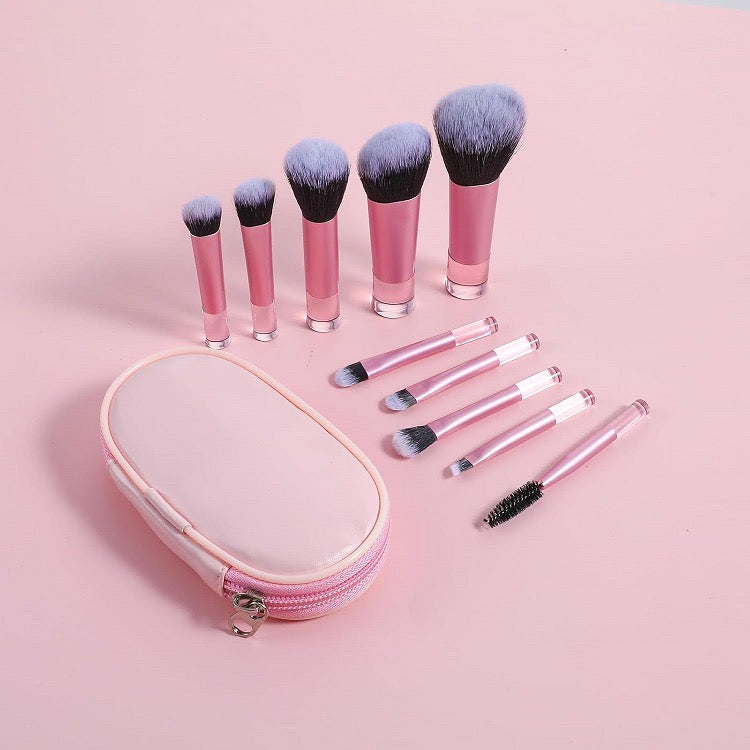 10-Piece Mini Travel Makeup Brush Set with Portable Leather Storage Case – Professional Synthetic Bristle Brushes for Foundation, Powder, Eyeshadow, and Brows – Pink & Rose Gold Aesthetic