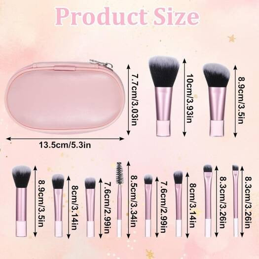 10-Piece Mini Travel Makeup Brush Set with Portable Leather Storage Case – Professional Synthetic Bristle Brushes for Foundation, Powder, Eyeshadow, and Brows – Pink & Rose Gold Aesthetic
