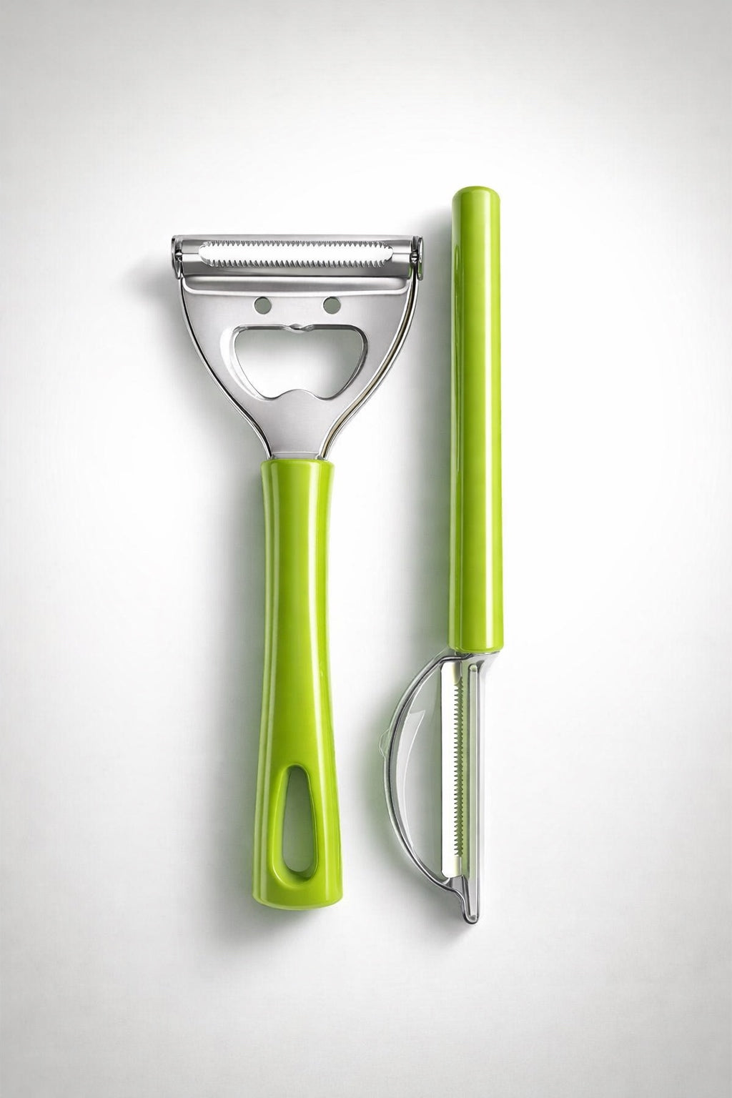 2-Piece Multi-Peeler Set – Stainless Steel Julienne & Vegetable Peeler Kit with Integrated Bottle Opener – Ergonomic Green Handles