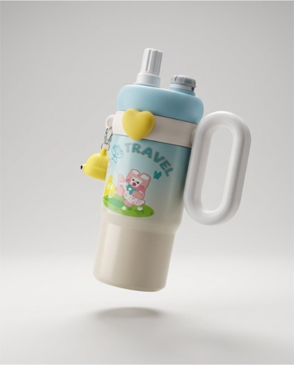 Kawaii Kids Travel Tumbler with Handle – Insulated Stainless Steel Water Bottle with Dual-Drink Lid & Cute Accessory Band