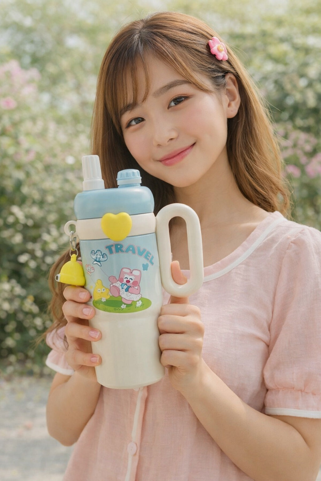 Kawaii Kids Travel Tumbler with Handle – Insulated Stainless Steel Water Bottle with Dual-Drink Lid & Cute Accessory Band