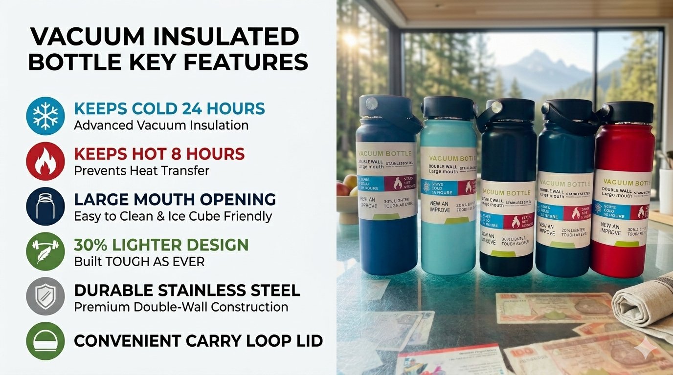 Premium Double Wall Stainless Steel Vacuum Bottle – Large Mouth Insulated Water Bottle, Stays Cold 24 Hours & Hot 8 Hours, Lightweight & Durable Design