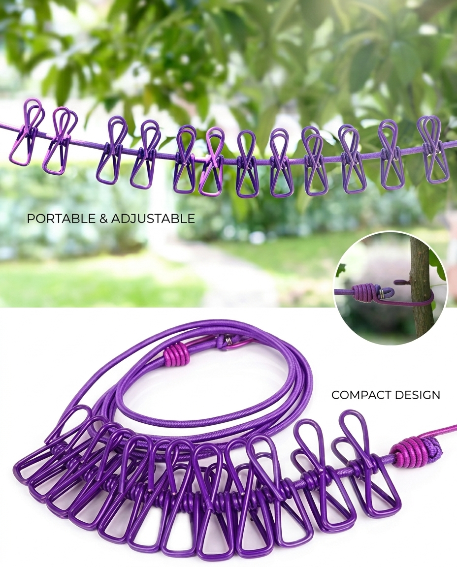 Essential Portable Travel Clothesline – 6ft+ Extendable Elastic Laundry Line with 12 Integrated Metal Clips, Ultralight & Compact for Camping, Hotel, and Outdoor Use