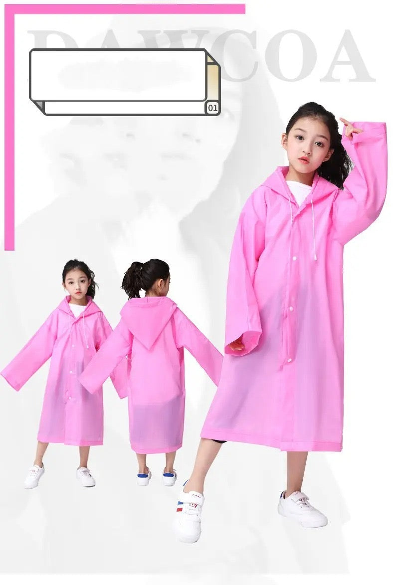 Premium Kids’ EVA Reusable Raincoat – Lightweight Waterproof Rain Poncho with Hood and Snap Buttons, Eco-Friendly Portable Rain Gear for Boys & Girls (Pink)