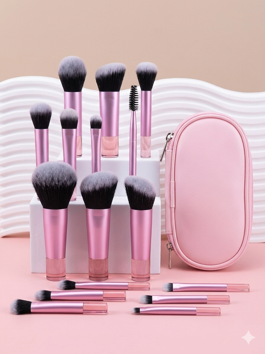 10-Piece Mini Travel Makeup Brush Set with Portable Leather Storage Case – Professional Synthetic Bristle Brushes for Foundation, Powder, Eyeshadow, and Brows – Pink & Rose Gold Aesthetic