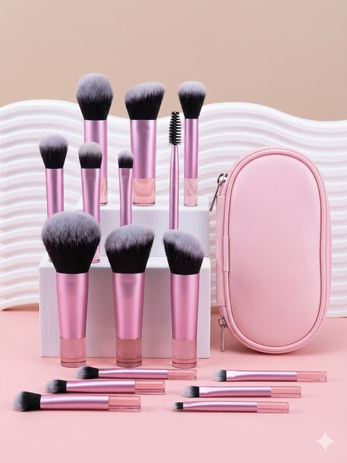 10-Piece Mini Travel Makeup Brush Set with Portable Leather Storage Case – Professional Synthetic Bristle Brushes for Foundation, Powder, Eyeshadow, and Brows – Pink & Rose Gold Aesthetic