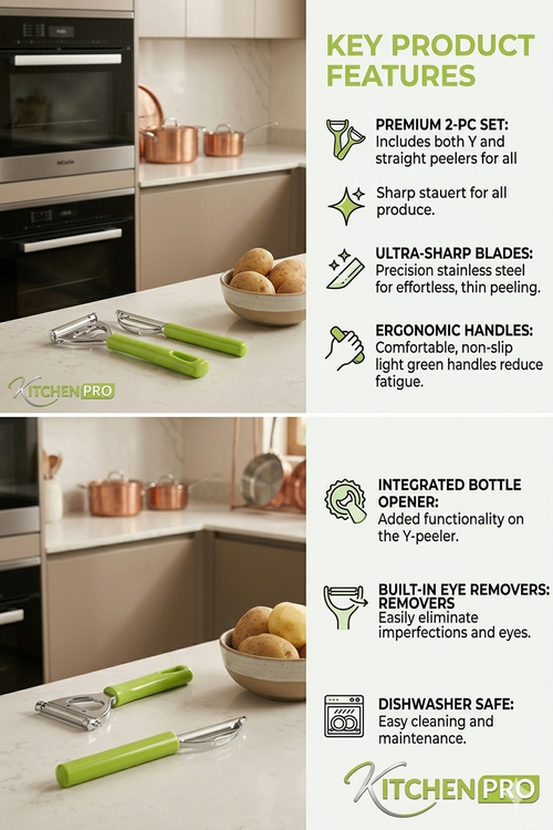 2-Piece Multi-Peeler Set – Stainless Steel Julienne & Vegetable Peeler Kit with Integrated Bottle Opener – Ergonomic Green Handles