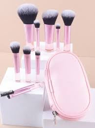 10-Piece Mini Travel Makeup Brush Set with Portable Leather Storage Case – Professional Synthetic Bristle Brushes for Foundation, Powder, Eyeshadow, and Brows – Pink & Rose Gold Aesthetic