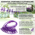 Essential Portable Travel Clothesline – 6ft+ Extendable Elastic Laundry Line with 12 Integrated Metal Clips, Ultralight & Compact for Camping, Hotel, and Outdoor Use