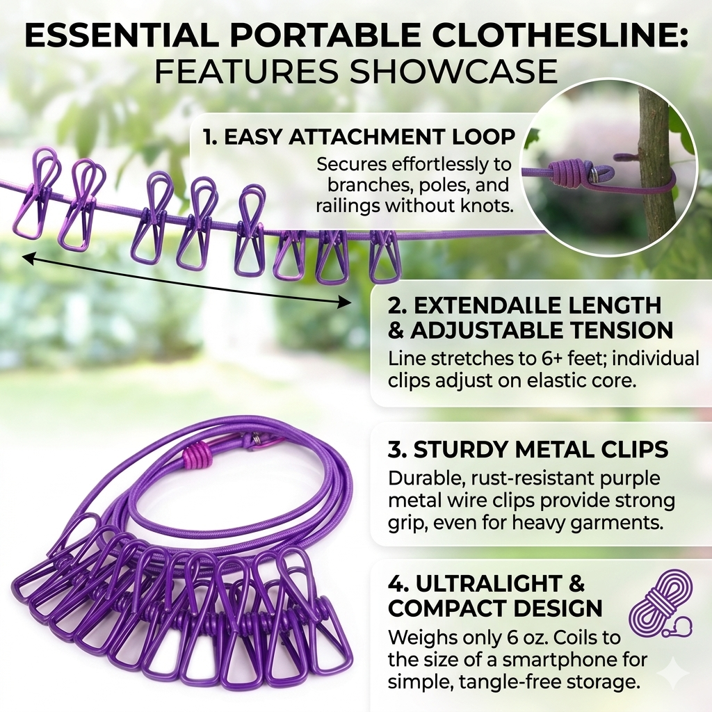 Essential Portable Travel Clothesline – 6ft+ Extendable Elastic Laundry Line with 12 Integrated Metal Clips, Ultralight & Compact for Camping, Hotel, and Outdoor Use
