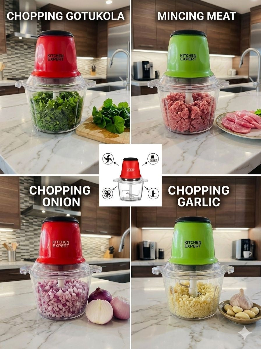 Kitchen Expert Electric Food Chopper & Meat Grinder – Multifunction Cooking Machine with Stainless Steel Blades, Large Capacity Glass Bowl, and High-Speed Motor for Mincing, Blending, and Meal Prep