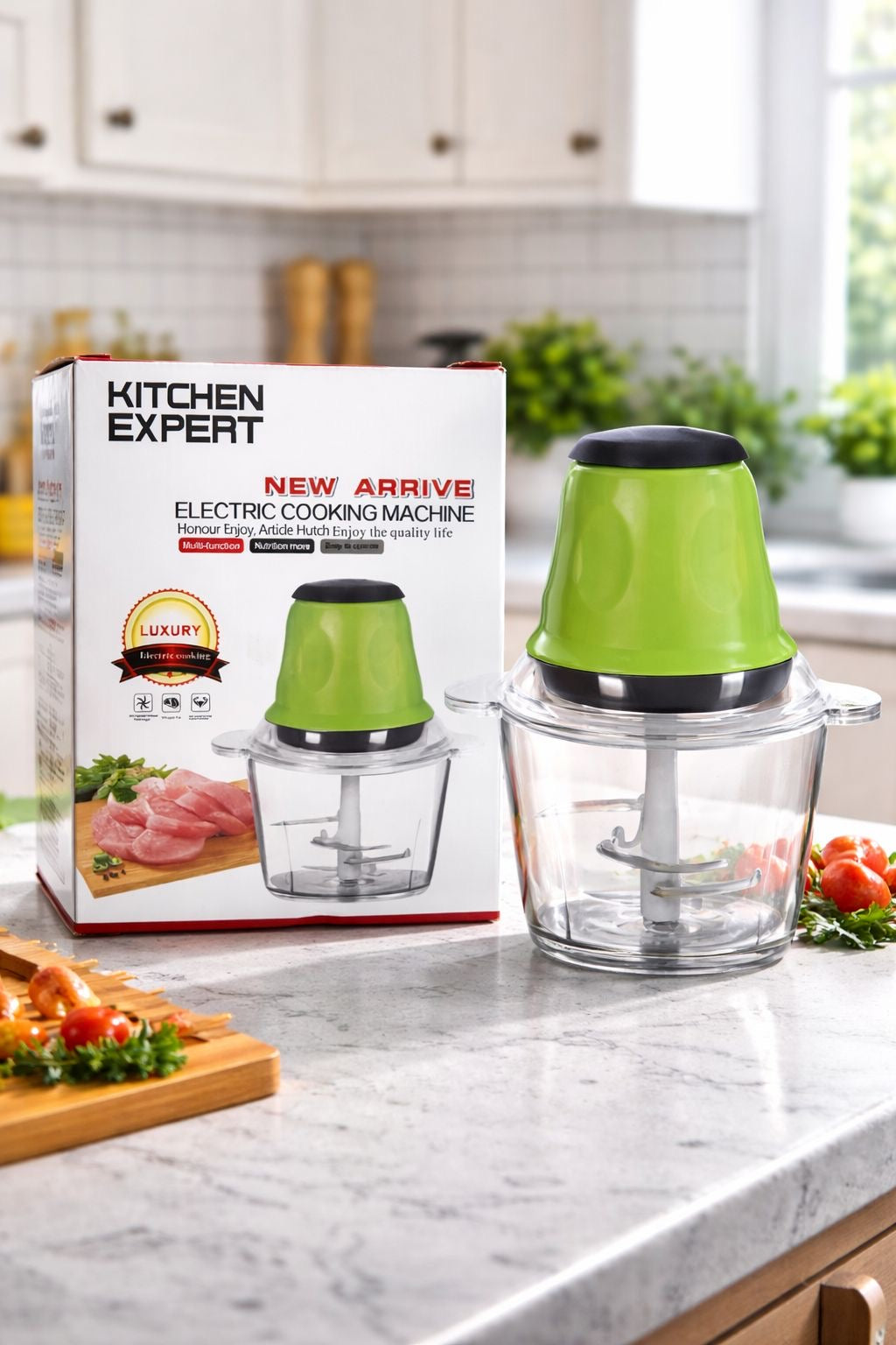 Kitchen Expert Electric Food Chopper & Meat Grinder – Multifunction Cooking Machine with Stainless Steel Blades, Large Capacity Glass Bowl, and High-Speed Motor for Mincing, Blending, and Meal Prep