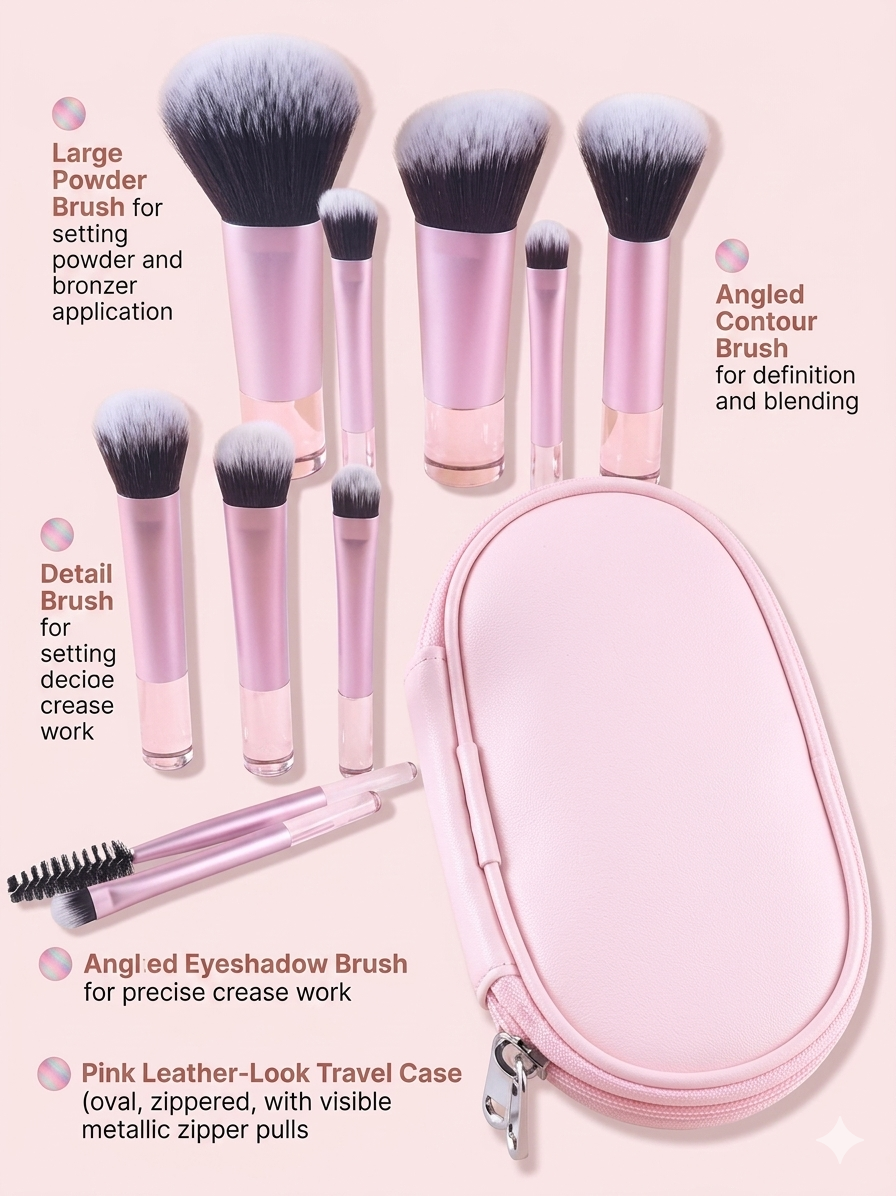 10-Piece Mini Travel Makeup Brush Set with Portable Leather Storage Case – Professional Synthetic Bristle Brushes for Foundation, Powder, Eyeshadow, and Brows – Pink & Rose Gold Aesthetic