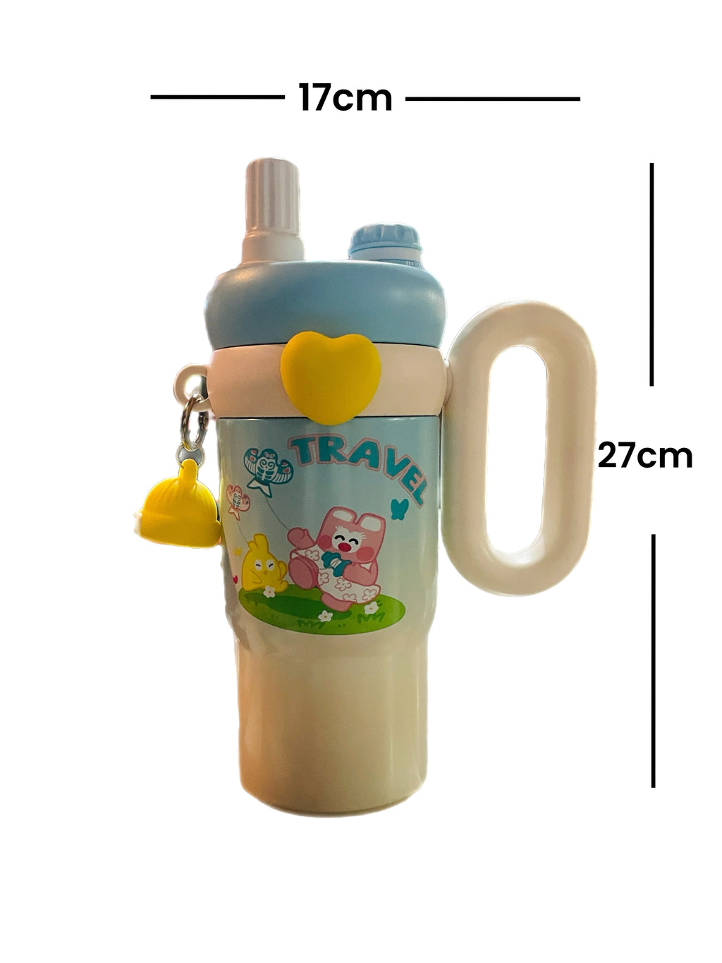 Kawaii Kids Travel Tumbler with Handle – Insulated Stainless Steel Water Bottle with Dual-Drink Lid & Cute Accessory Band