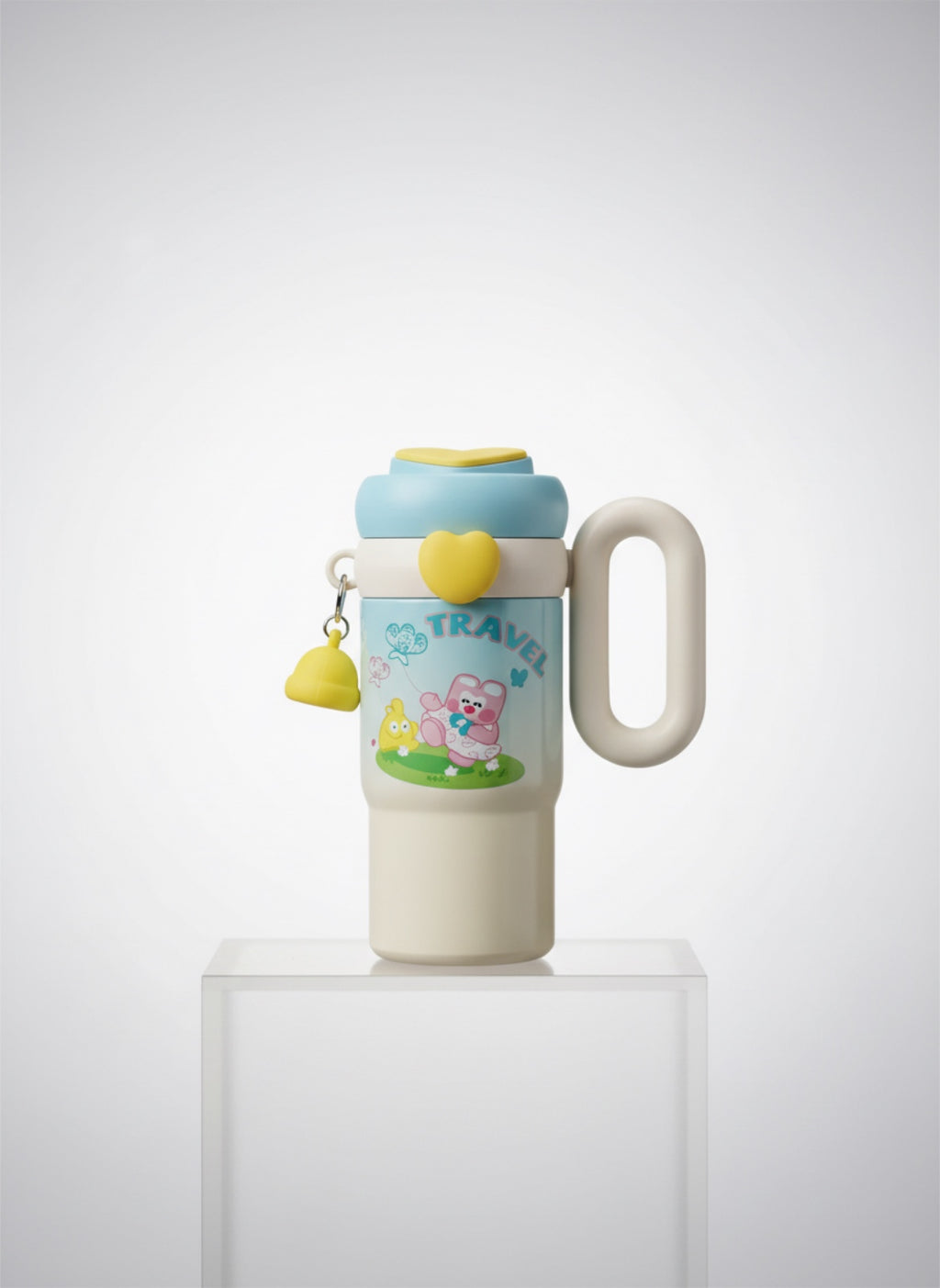 Kawaii Kids Travel Tumbler with Handle – Insulated Stainless Steel Water Bottle with Dual-Drink Lid & Cute Accessory Band