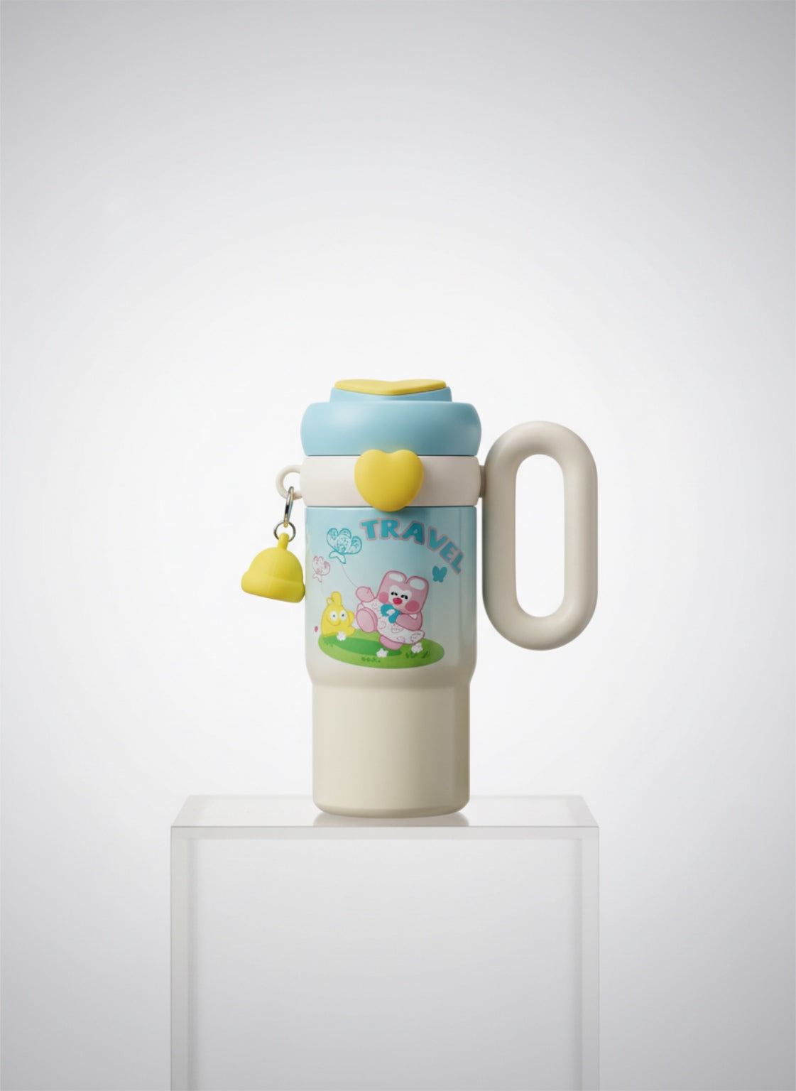 Kawaii Kids Travel Tumbler with Handle – Insulated Stainless Steel Water Bottle with Dual-Drink Lid & Cute Accessory Band