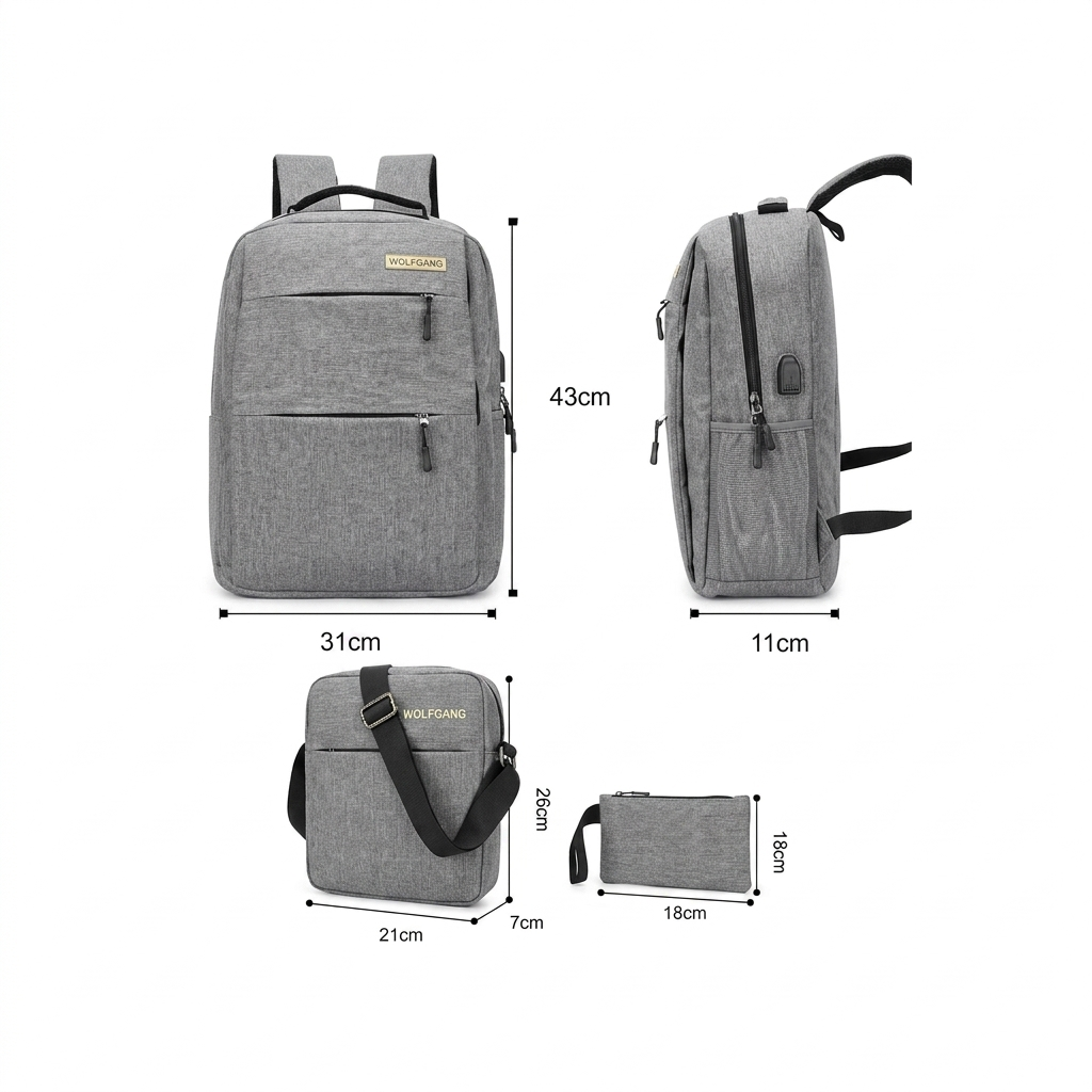 Arctic Hunter 3-in-1 Business & Travel Bag Set – Water-Resistant Laptop Backpack, Crossbody Messenger Bag, and Toiletry Clutch – Modern Grey Aesthetic for Professionals & Students