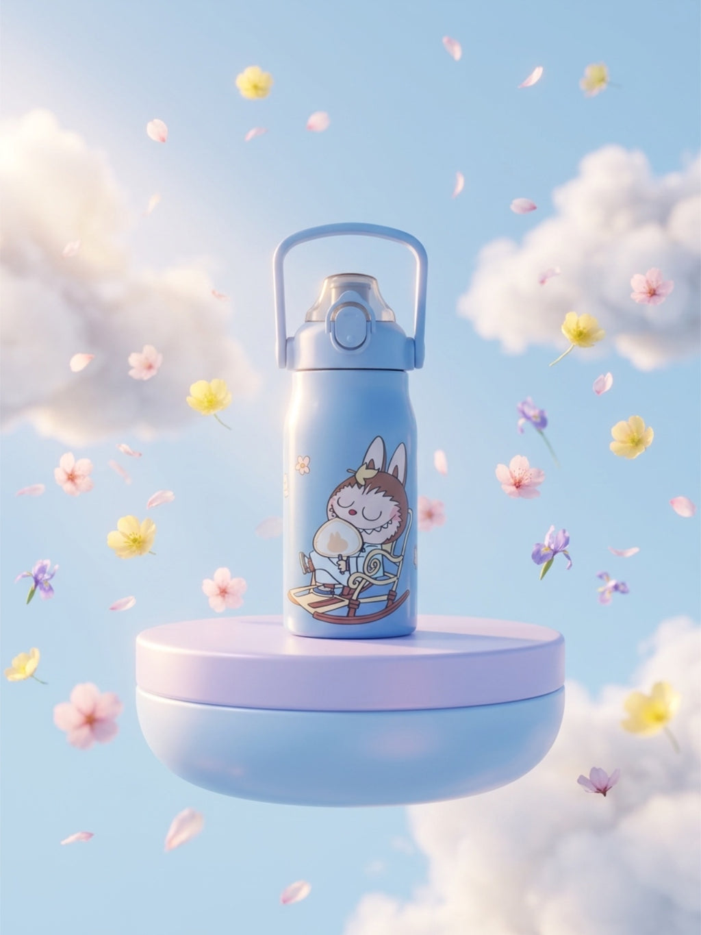Official Labubu Insulated Stainless Steel Kids Water Bottle – Cute Sky Blue Character Flask with Handle & Safety Lock Lid