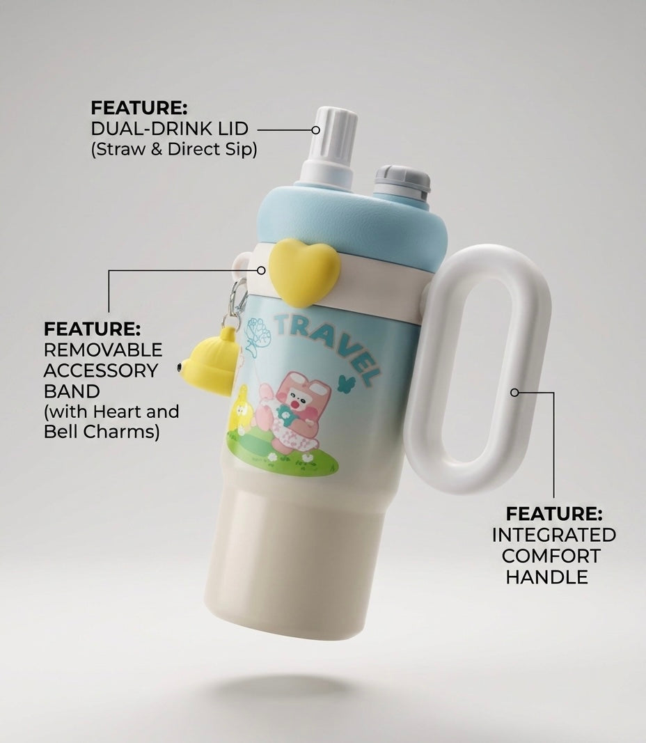 Kawaii Kids Travel Tumbler with Handle – Insulated Stainless Steel Water Bottle with Dual-Drink Lid & Cute Accessory Band