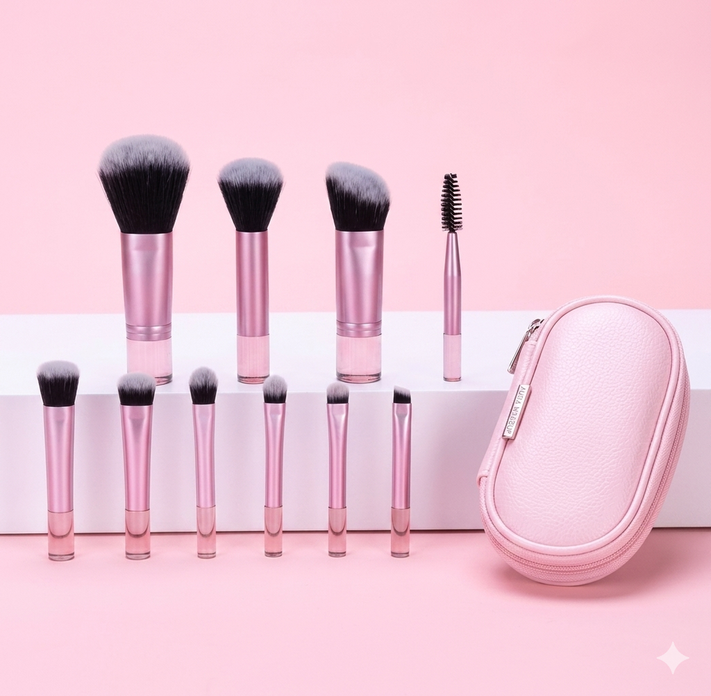 10-Piece Mini Travel Makeup Brush Set with Portable Leather Storage Case – Professional Synthetic Bristle Brushes for Foundation, Powder, Eyeshadow, and Brows – Pink & Rose Gold Aesthetic