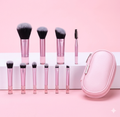 10-Piece Mini Travel Makeup Brush Set with Portable Leather Storage Case – Professional Synthetic Bristle Brushes for Foundation, Powder, Eyeshadow, and Brows – Pink & Rose Gold Aesthetic