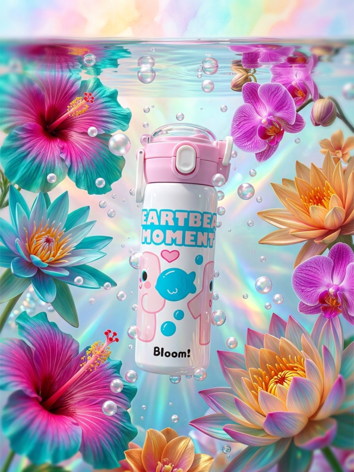 Cute "Heartbeat Moment" Insulated Stainless Steel Water Bottle – Kawaii Kids & School Flask with Flip-Top Lid