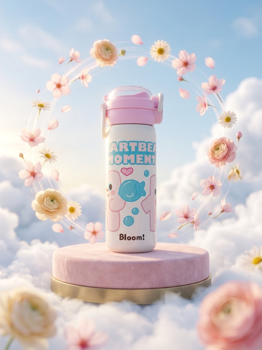 Cute "Heartbeat Moment" Insulated Stainless Steel Water Bottle – Kawaii Kids & School Flask with Flip-Top Lid