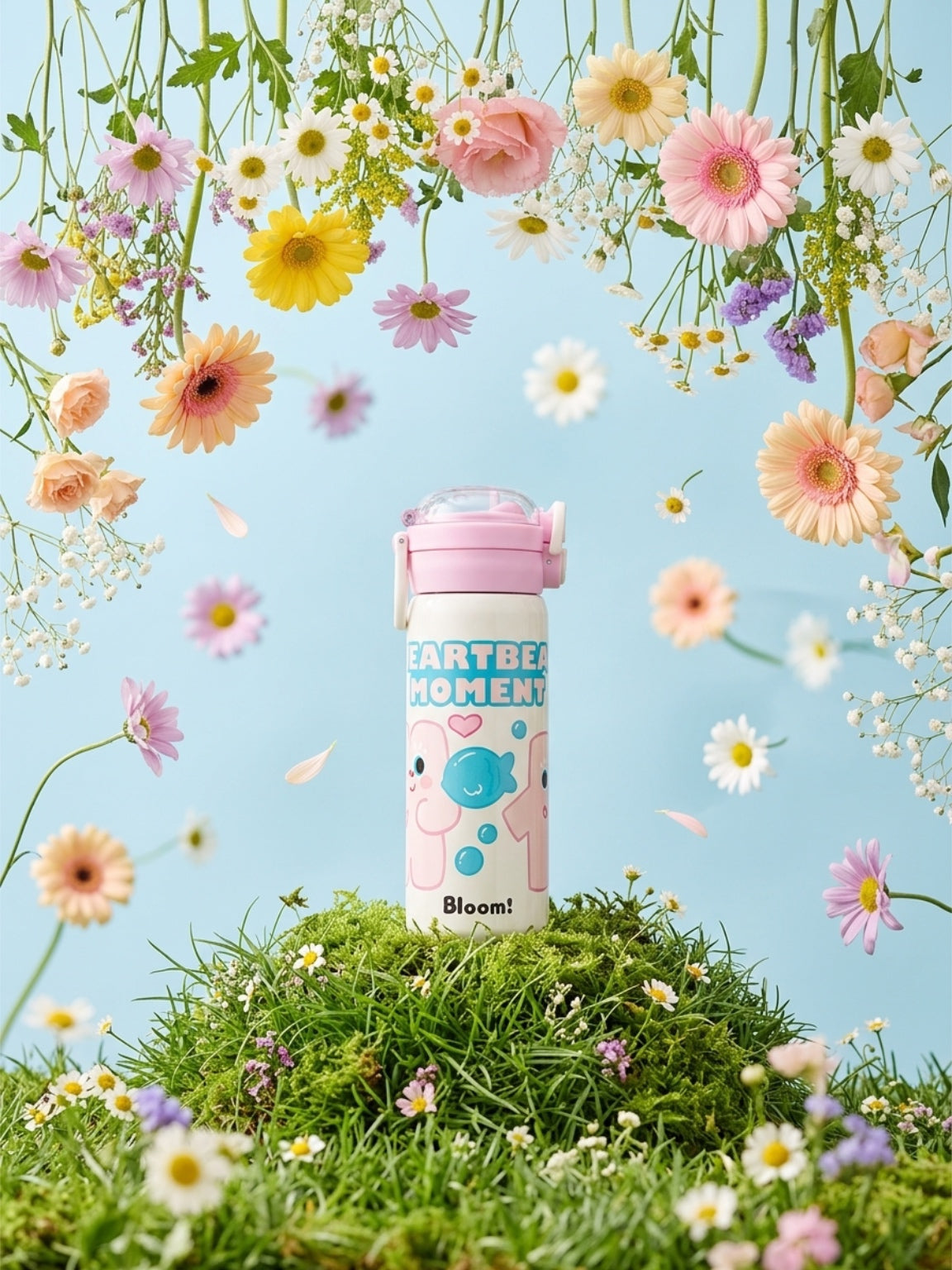 Cute "Heartbeat Moment" Insulated Stainless Steel Water Bottle – Kawaii Kids & School Flask with Flip-Top Lid